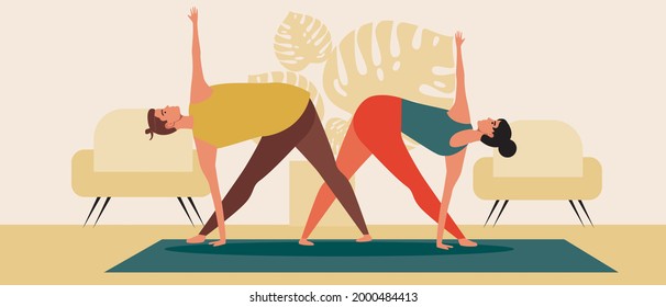 Couple at home, yoga asanas. Flat vector stock illustration. Interior with armchair and houseplant. Activity at home. Hobbies for men and women. Family yoga. Vector graphics