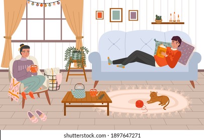 Couple at home. Young girl and guy in a cozy room pleasant winter hygge interior, family relaxation, people chill with book and hot drink in warm lamp atmosphere. Vector hand drawn cartoon concept