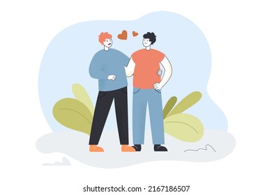 Couple of homosexual men cuddling, hearts over lovers. Happy male characters dating flat vector illustration. LGBTQ, love and relationship concept for banner, website design or landing web page