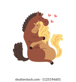 Couple of horses in love embracing each other, two happy  aniimals hugging with hearts over their head vector Illustration on a white background