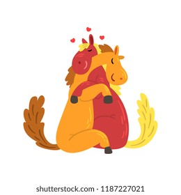 Couple of horses in love embracing each other, two happy aniimals hugging vector Illustration on a white background