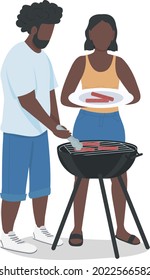 Couple hosting barbeque party semi flat color vector characters. Full body people on white. Siblings grilling sausages isolated modern cartoon style illustration for graphic design and animation