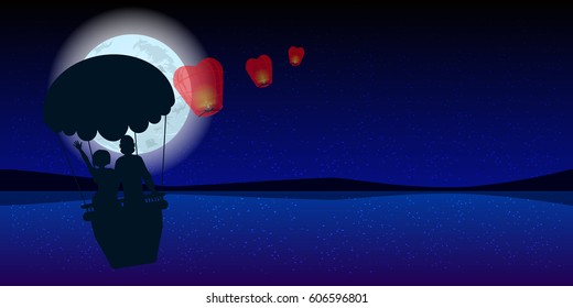 couple in a hot air balloon with sky lanterns. illustration. use a smart phone, website, printing, decorating etc ..