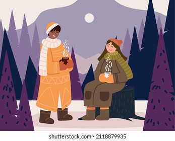couple with hot drink and winter scene