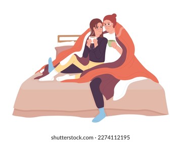 Couple with hot drinks cuddling under blanket semi flat color vector characters. Editable figures. Full body people on white. Simple cartoon style spot illustration for web graphic design, animation