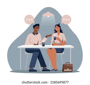 Couple with hot drinks. Man and woman sitting at table, talking and drinking coffee or tea. Cafe or restaurant. Family on romantic date, employees on lunch break. Cartoon flat vector illustration