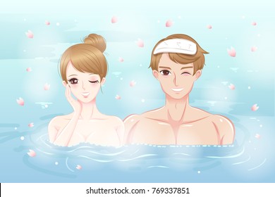 couple with hot spring and Cherry blossoms