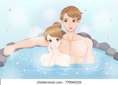 couple with hot spring and Cherry blossoms