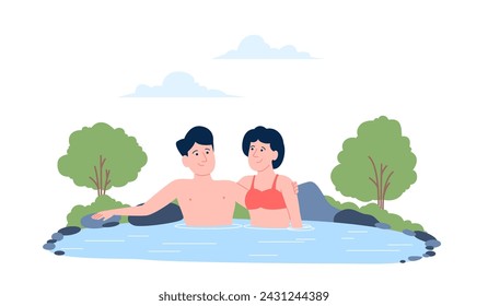 Couple in hot spring. Dating in wellness center or spa thermal natural bath tube. Male female relaxation together, holidays or vacation, recent vector concept