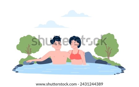 Couple in hot spring. Dating in wellness center or spa thermal natural bath tube. Male female relaxation together, holidays or vacation, recent vector concept