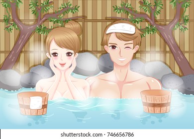 couple with hot spring on the white background