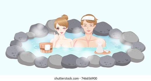 couple with hot spring on the white background