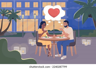 Couple in hotel cafe flat color vector illustration. Romantic dinner during vacation. Enjoy meal. Spend time together. Fully editable 2D simple cartoon characters with cityscape on background