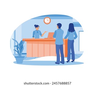 A couple of hotel guests are talking to the receptionist. Check-in at the hotel. Hotel Receptionist concept. Flat vector illustration.