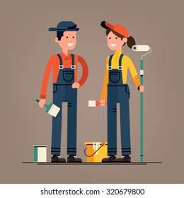 Couple of house painter vector flat characters with paint equipment | Young man and woman friendly smiling workers in workwear overalls standing isolated holding brushes and roller