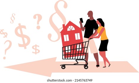 Couple with a house in a shopping cart facing financial and organizational questions in the process of buying a home, EPS 8 vector illustration 