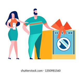 Couple in Household Appliances Shop Illustration. Man and Woman Buying Washing Machine. Customer and Sales Assistant. Buyer and Seller. Big Sale, Special Offer. Gift, Present with Ribbon. New Purchase