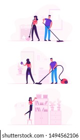 Couple in Household Housekeeping Activity. Everyday Routine of Home Duties and Chores, Houseworking Characters Cleaning House, Mopping, Wiping Dust and Vacuum Cleaning Cartoon Flat Vector Illustration