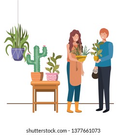 couple with houseplant on macrame hangers