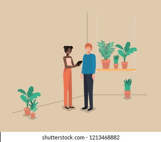 couple with houseplants in shelf