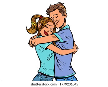 A couple hug each other. Love and a romantic date. Comics caricature pop art retro vector illustration drawing