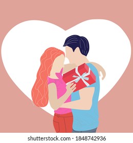 Couple hug, kiss and enjoy time together, celebrating Valentine's Day with a gift box in hand and heart on the background.