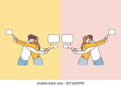 Couple hug text message on cellphone cheating online. Man and woman lovers embrace have communication on internet on smartphone. Social media, relations. Flat vector illustration. 