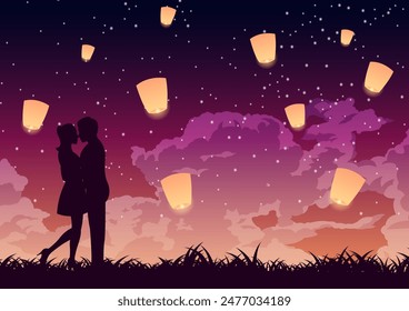 pareja se abrazan juntos y besan alrededor en la noche de las estrellas, linterna arriba, arte conceptual, Ilustración vectorial