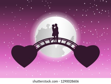 couple hug together and kiss on bridge that link between fly heart shape,concept art mean love link by haert,vector illustration