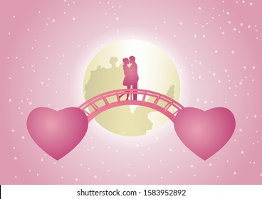 couple hug together and kiss on bridge that link between flying heart shape. concept art mean love link by heart. vector illustration