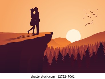 couple hug together near cliff and close to a pine forest,silhouette style,vector illustration