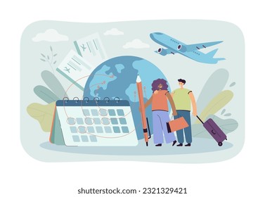 Couple with huge calendar planning trips vector illustration. Cartoon drawing of man and woman choosing trip destinations, globe with airplane and boarding passes. Traveling, vacation, journey concept