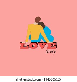 Couple hugging back sitting on letters of love word. colorful vector illustration