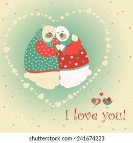 Couple of hugging bears. Vector romantic greeting card