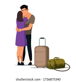 Couple is hugging before leaving isolated person. Young girl says goodbye to guy. Man goes on travel or business trip, woman sees off him. Suitcase and travel bag. Vector character illustration