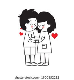couple hugging between hearts isolated over white background. vector illustration