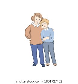 Couple of hugging boys. Brothers stand together. Hand drawn clip art. 