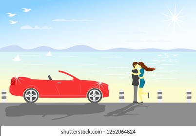 
Couple hugging by the sea. There are red cabs parked beside. There are sea and mountains as the background.
