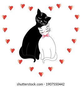 A couple of hugging cats of white and black colors surrounded with hearts. Symbol of the Saint Valentine’s Day
