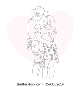Couple hugging each other. Line art, minimal style. Vector illustration. 