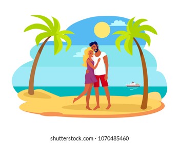 Couple hugging each other seaside and summertime for couple in love, ship and hot sand, palms and sun vector illustration isolated on white background
