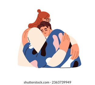 Couple hugging, embracing with love, support. Young man and woman accepting, trusting, caring and comforting. Happy family, people cuddling. Flat vector illustration isolated on white background