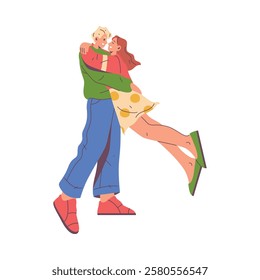 Couple hugging and greeting each other, isolated excited boyfriend and girlfriend cuddling on date. Man and woman in love, boy holding girl. Flat cartoon character, vector illustration