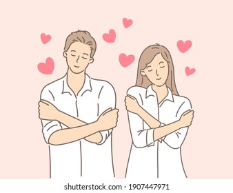 Couple hugging herself with hearts on pink background. Self love and self care. Love yourself. Love your body concept. Hand draw style. Vector illustration.