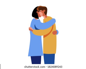 Couple hugging illustration. Female and male face to face. Friend give emotional support to his loved one. Vector.