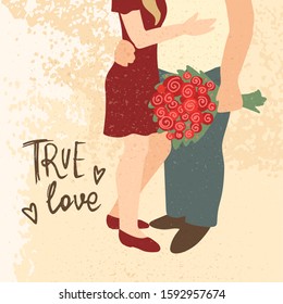 Couple hugging. Man with bouquet of flowers. Man and woman embracing each other affectionately. Greeting card for Happy Valentine's Day. Boyfriend and girlfriend. Vector cartoon illustration concept