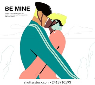 Couple hugging. A man embraces a woman with tenderness, affection. Characters in romantic relationships. Vector flat illustration isolated on white background.