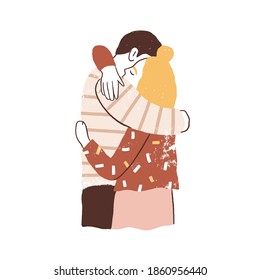 Couple hugging. Man and woman embracing tenderly. Family reunion concept. Two young people support happy relationships. Flat textured vector illustration isolated on white background