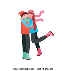 pareja abrazándose en medio del invierno sobre fondo blanco .vector ilustración