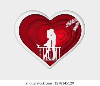 couple hugging on the balcony in carve red hearts and birds. valentine, love, origami, paper art concept.